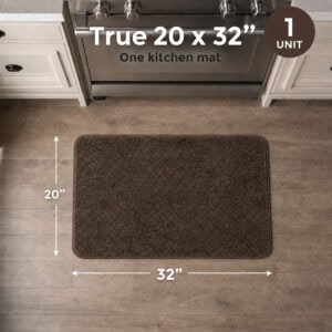 Top-down view of a chocolate brown kitchen mat by a range, with dimension arrows confirming the true 20 by 32 inch single mat size.