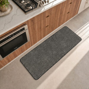 Charcoal grey kitchen runner laid along the counter in a modern kitchen, adding cool neutral contrast to the floor.
