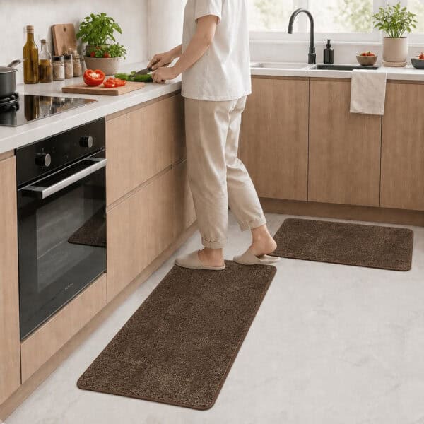 Chocolate brown kitchen mat and runner set arranged in front of a farmhouse sink, grounding the space with warm neutral tones.