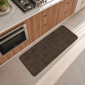 Chocolate brown kitchen runner laid along the counter in a modern kitchen, adding warm decorative contrast to the floor.