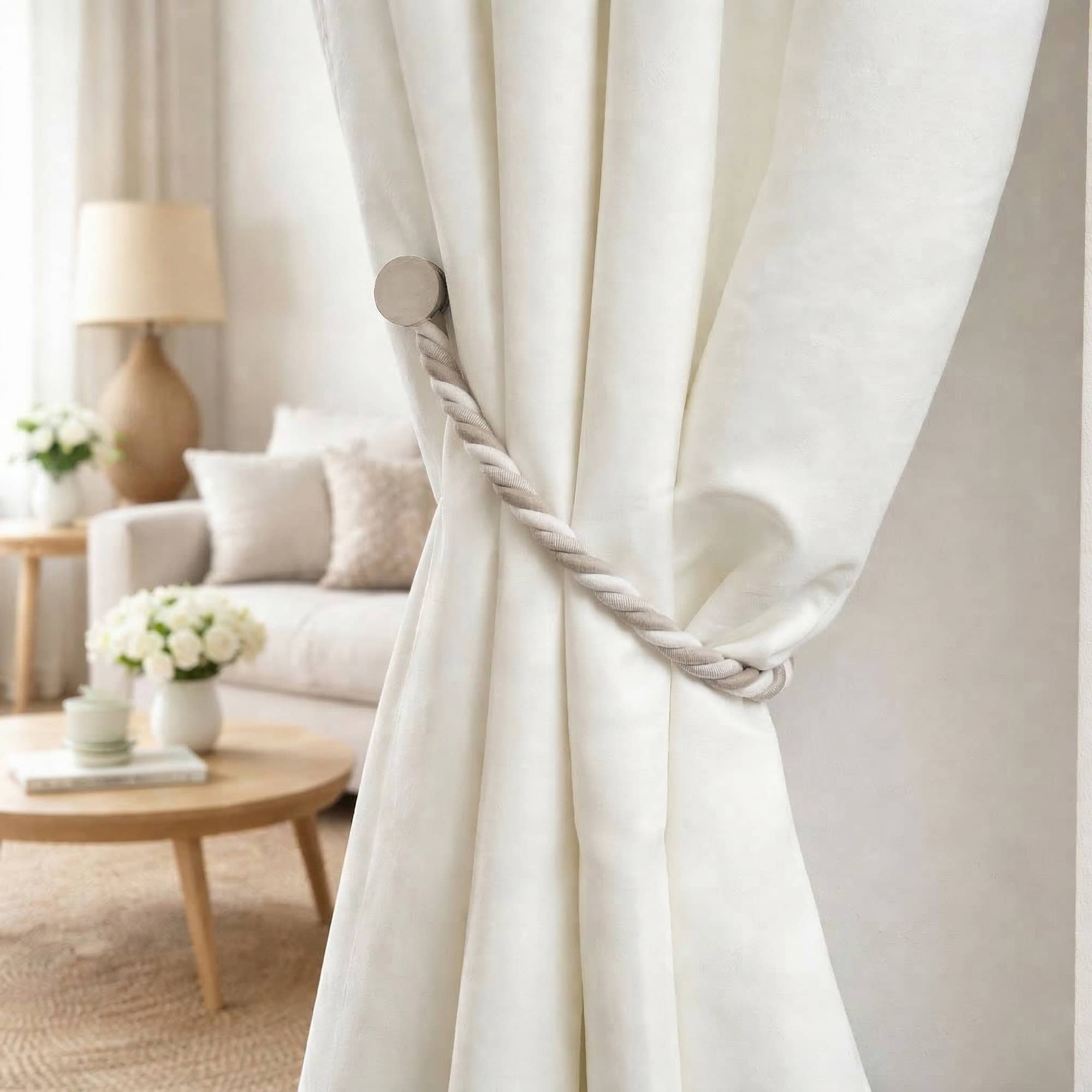 Beige braided magnetic tieback holding white curtain, living room setting