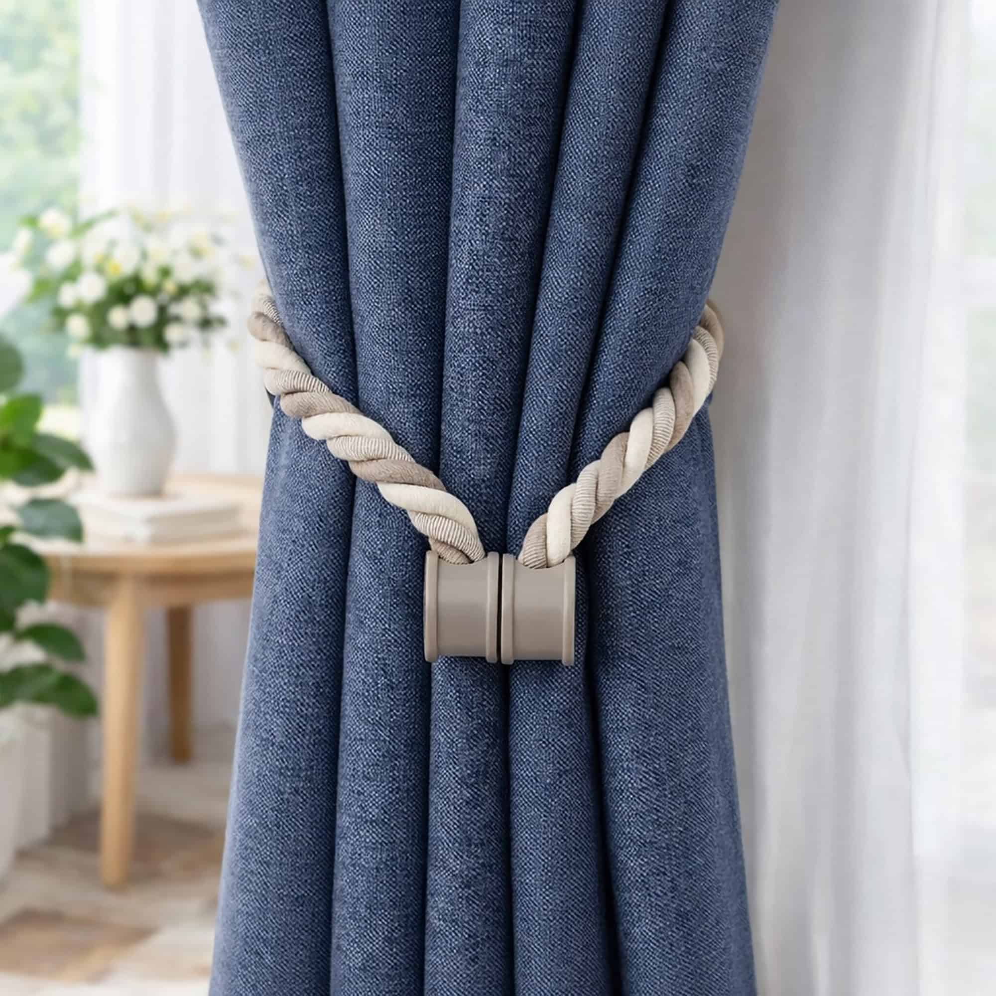 Beige braided magnetic tieback holding blue curtain, magnetic clasp visible