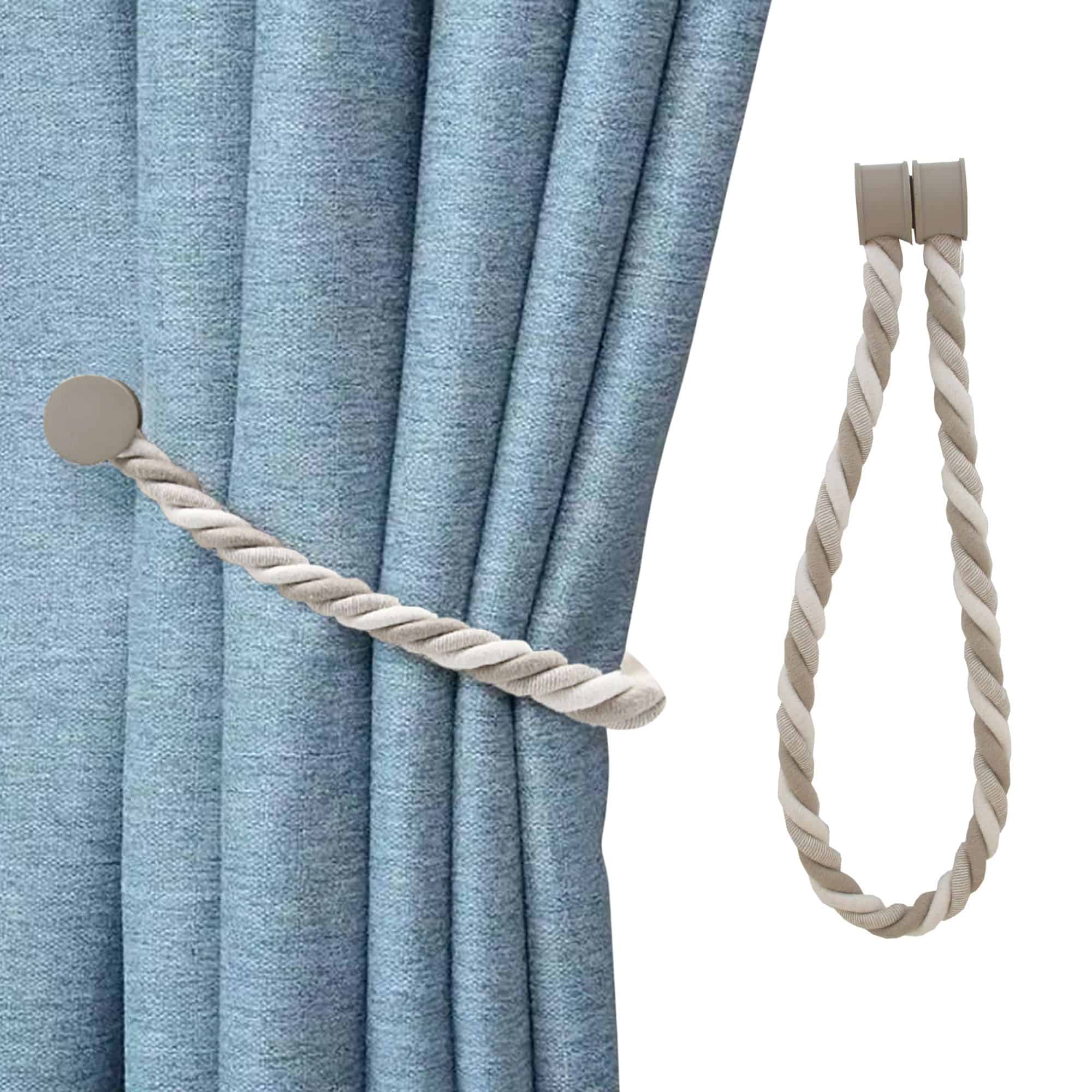 magnetic curtain tieback on white background and presentation on blue curtain