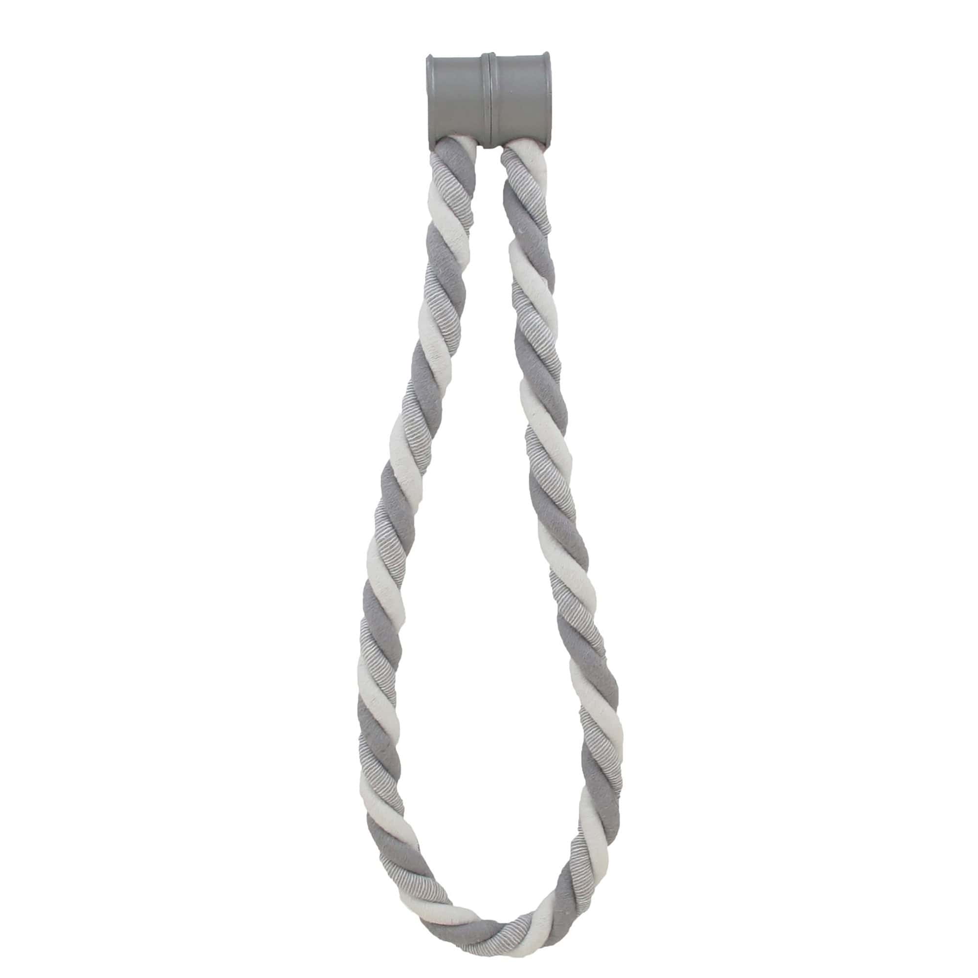 Gray braided magnetic curtain tieback loop on white background