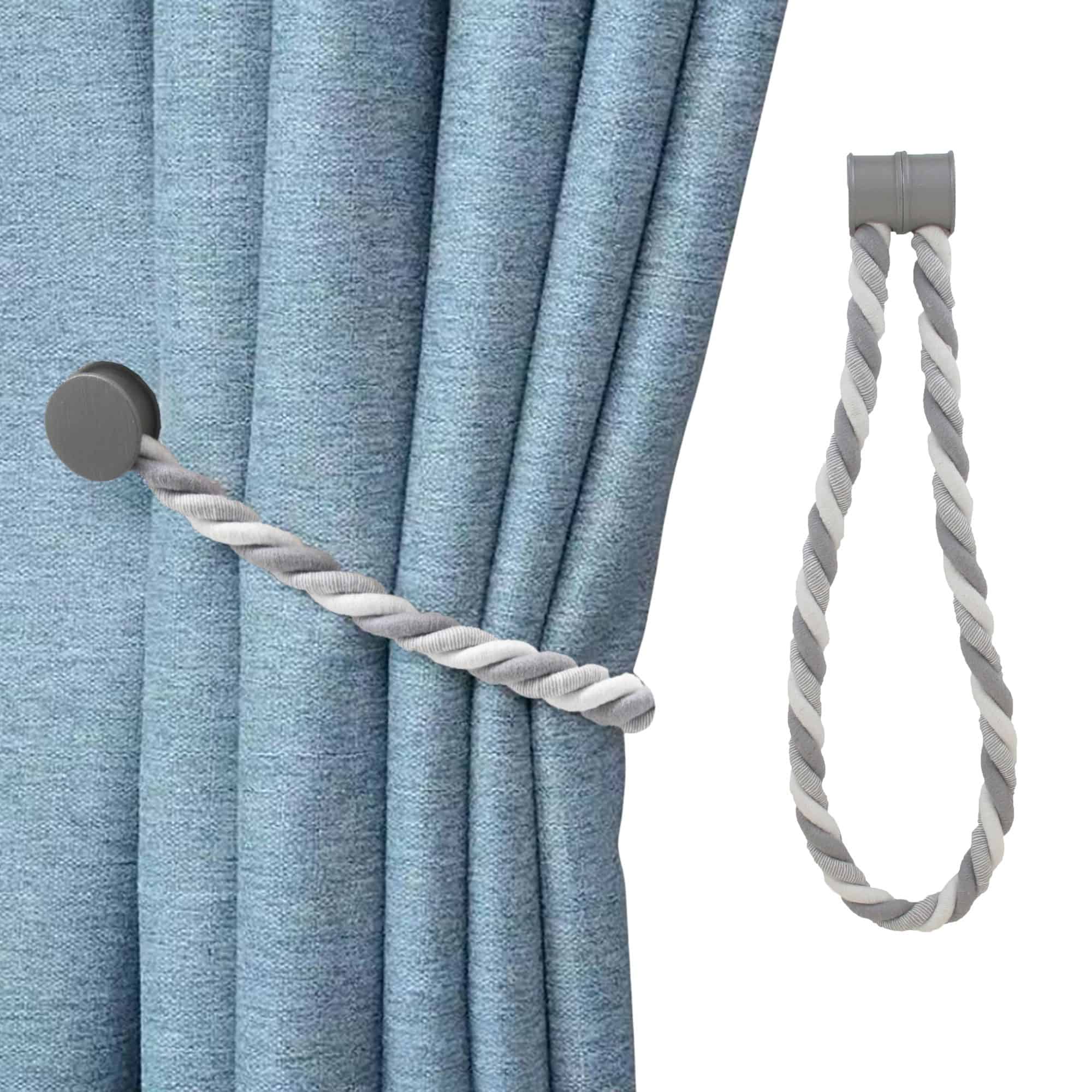 magnetic curtain tieback on white background and presentation on blue curtain