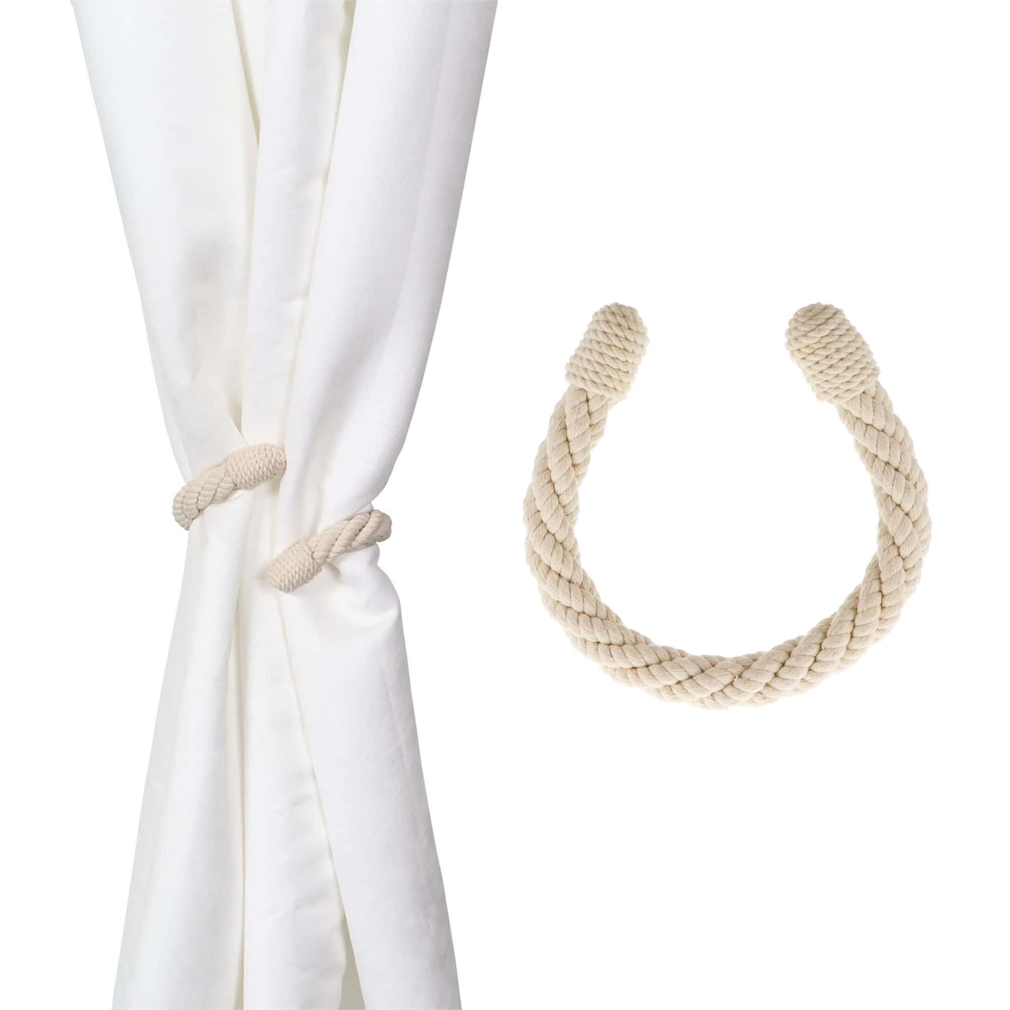 curtain tie back in ecru color on white drape