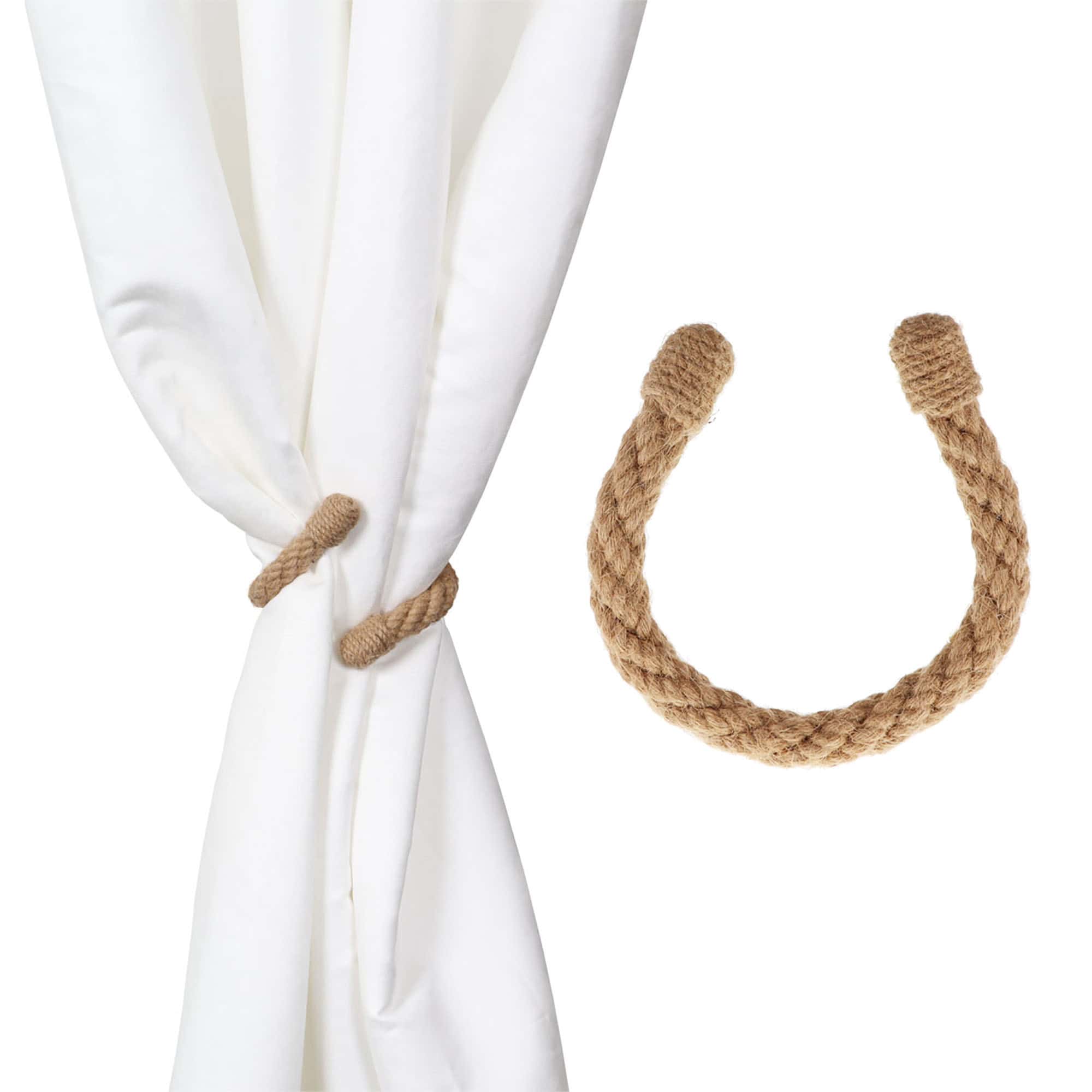 curtain tie back in jute color on white drape