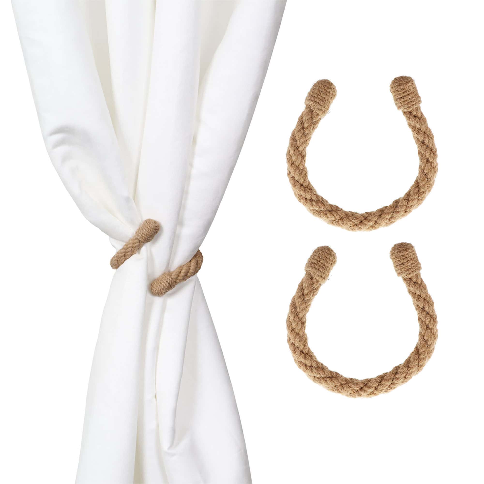 curtain tie back in jute color on white drape