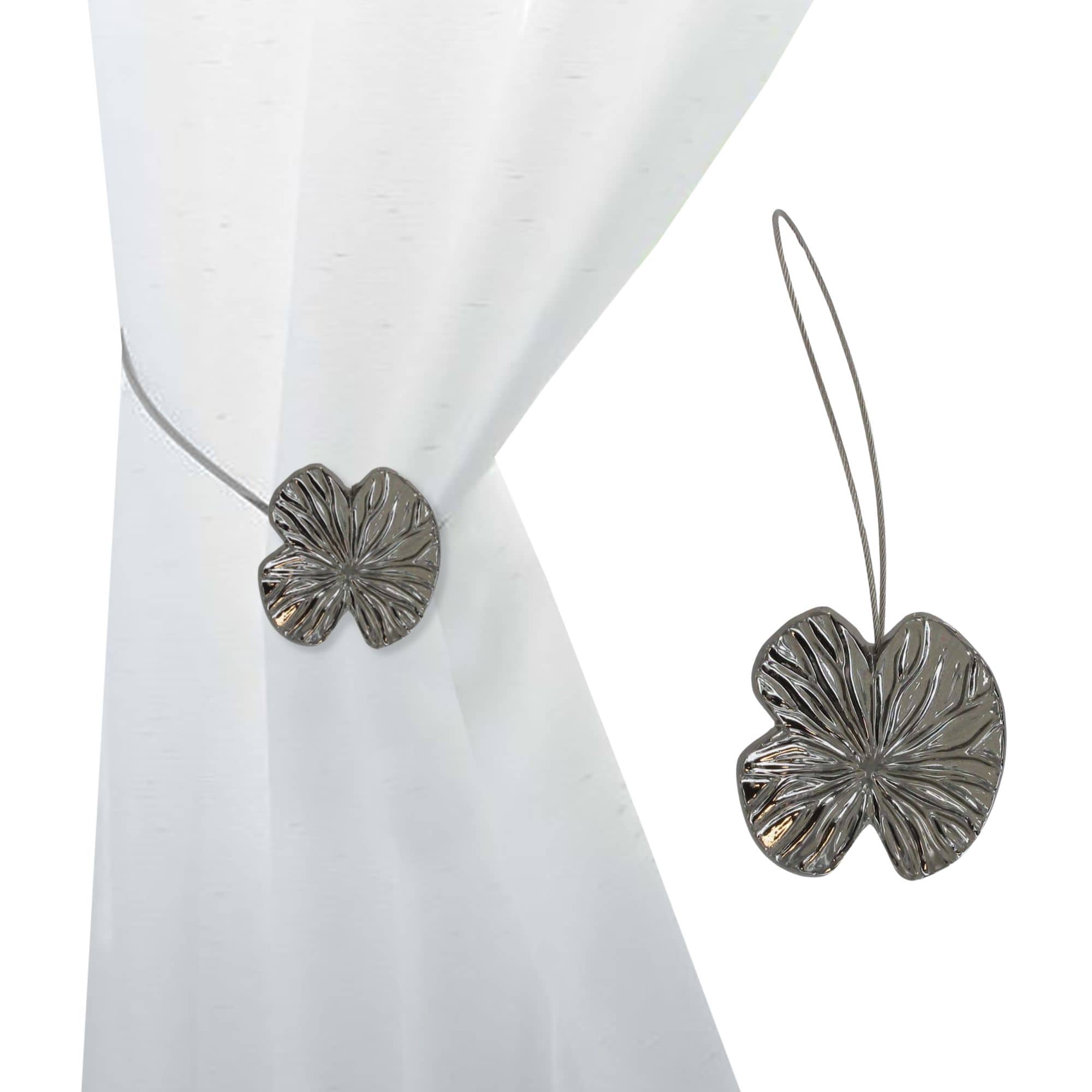 water lily curtain tie back in graphite, on white background and on curtain