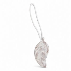 Single whitewashed wood-look leaf magnetic curtain tieback on a white background