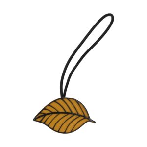 Yellow magnetic leaf curtain tieback with black leather cord on white background