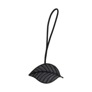 Gray magnetic leaf curtain tieback with black leather cord on white background