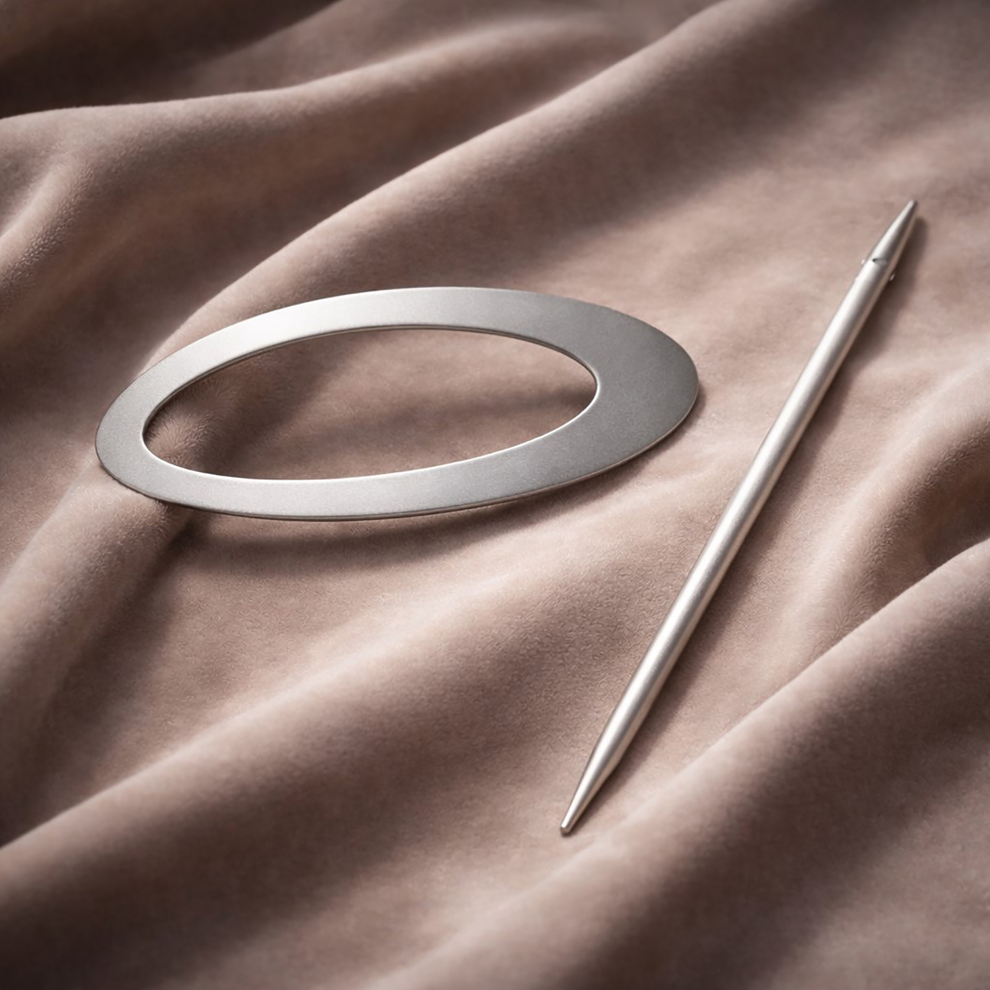 "Silver oval curtain tieback ring and pin rod displayed on taupe velvet fabric"