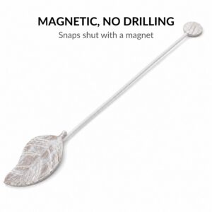 White leaf curtain tieback laid flat showing magnetic end-cap, no drilling required