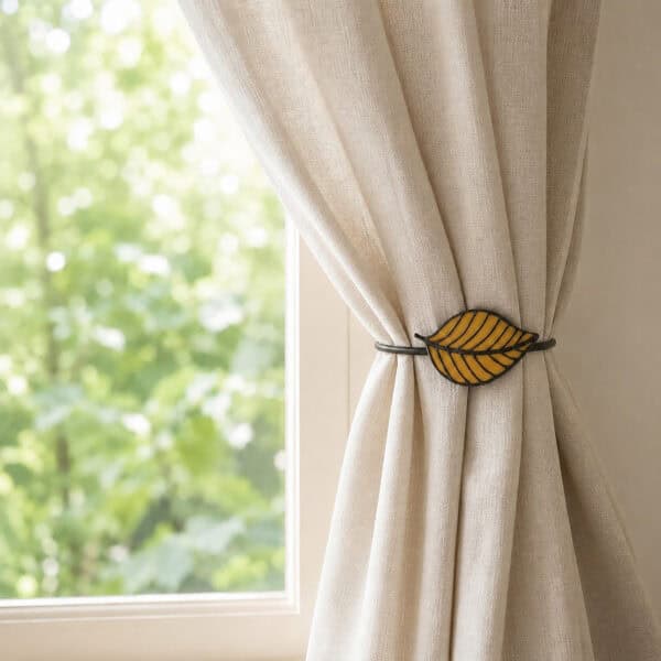 Yellow leaf tieback holding a linen curtain back beside a sunny window