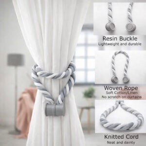 Features collage: resin buckle, woven rope, and knitted cord details