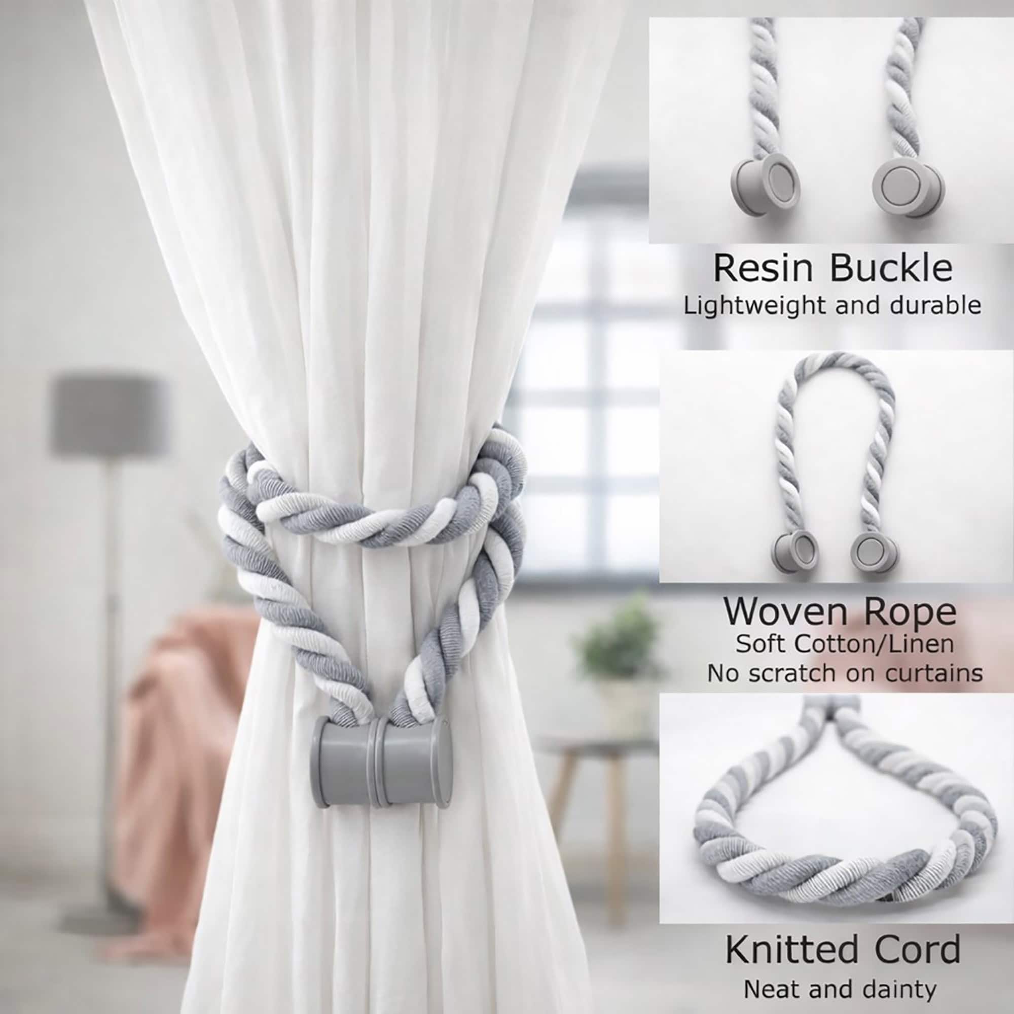 Features collage: resin buckle, woven rope, and knitted cord details