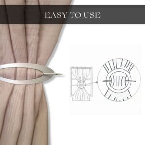 "Silver oval curtain tieback in use with illustrated installation diagram"
