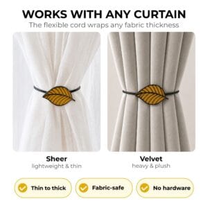 Yellow leaf tieback shown on sheer and velvet curtains, fits any fabric thickness