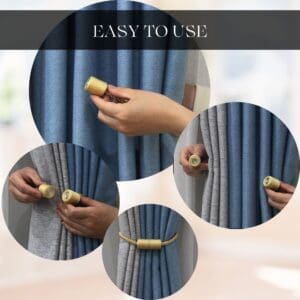Three-step demonstration of magnetic tieback ease of use on blue curtains
