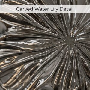 Macro texture: Close-up of the polished graphite water lily leaf showing carved radial veins and metallic reflections