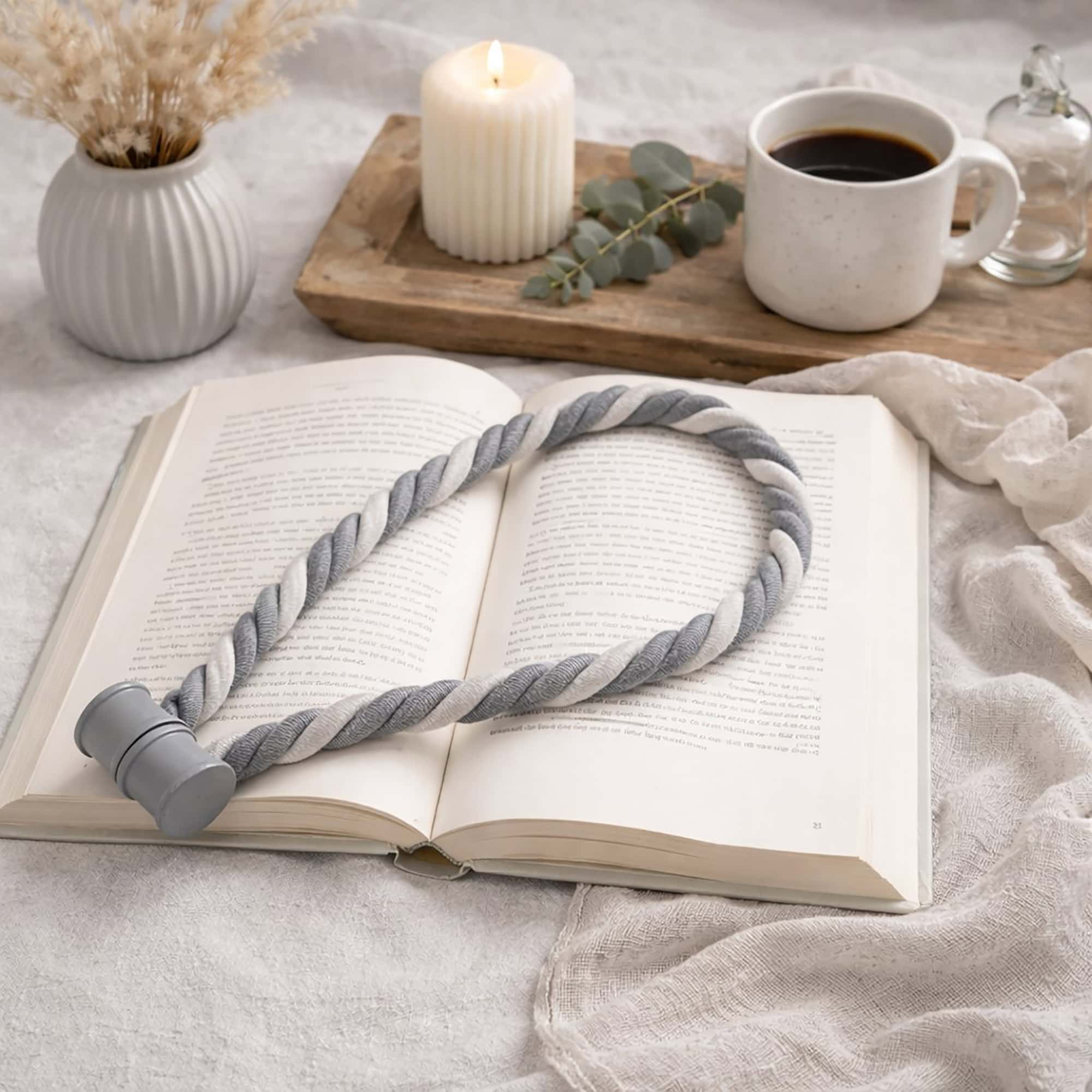 Gray braided tieback displayed on wooden surface with candle and flowers