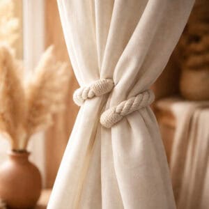 "Ecru rope tieback gathering linen curtain panels in a warm boho-style room"