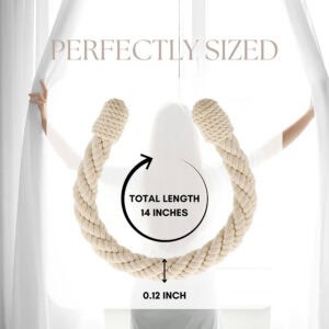 "Ecru rope tieback size diagram showing 14-inch total length and 0.12-inch thickness"