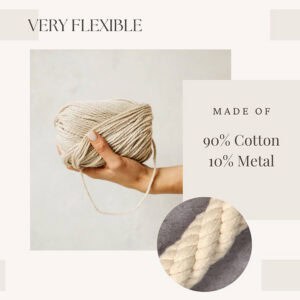"Hand holding ecru cotton yarn ball with text: 90% Cotton, 10% Metal"