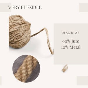 "Jute yarn ball and close-up of rope texture with text: 90% Jute, 10% Metal"