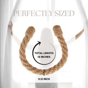 "Jute rope tieback size diagram showing 14-inch total length and 0.12-inch thickness"