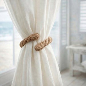 "Jute rope tieback on sheer curtain with ocean view in background"