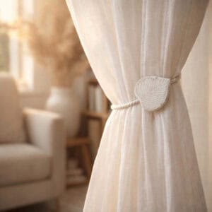White leaf tieback holding sheer curtain in living room