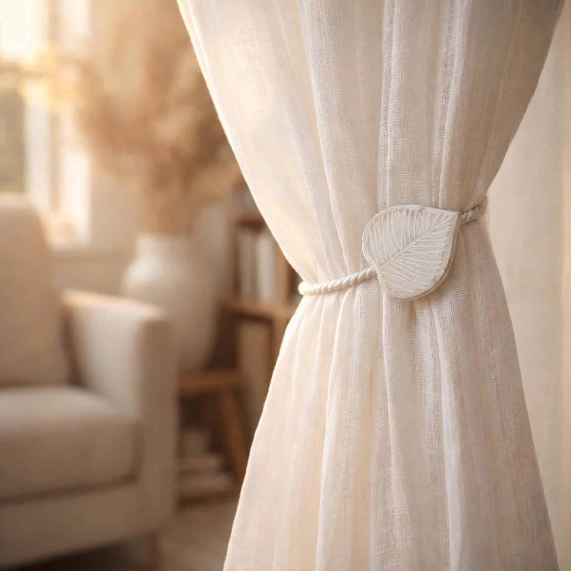 White leaf tieback holding sheer curtain in living room
