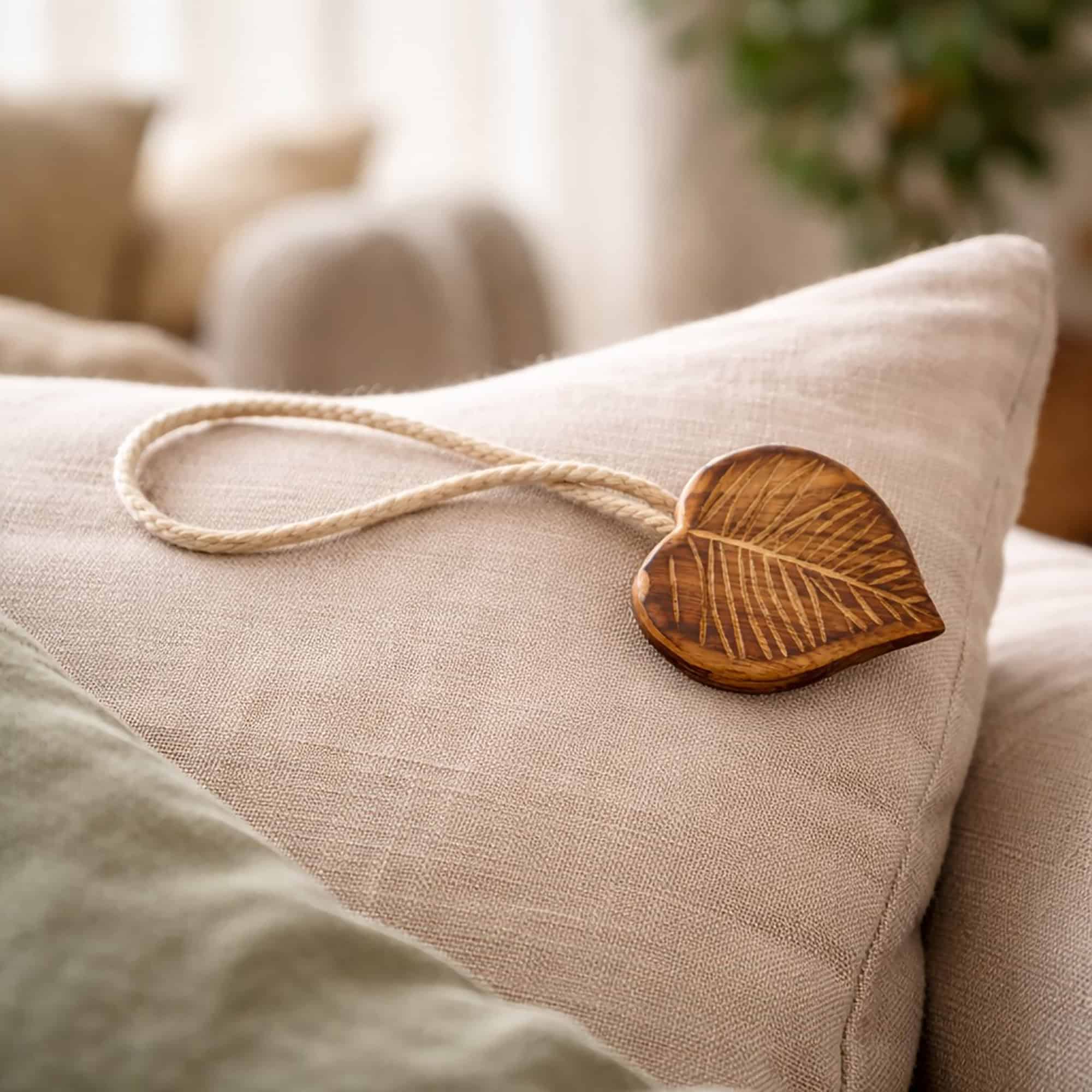 Natural carved wooden leaf tieback on linen cushion
