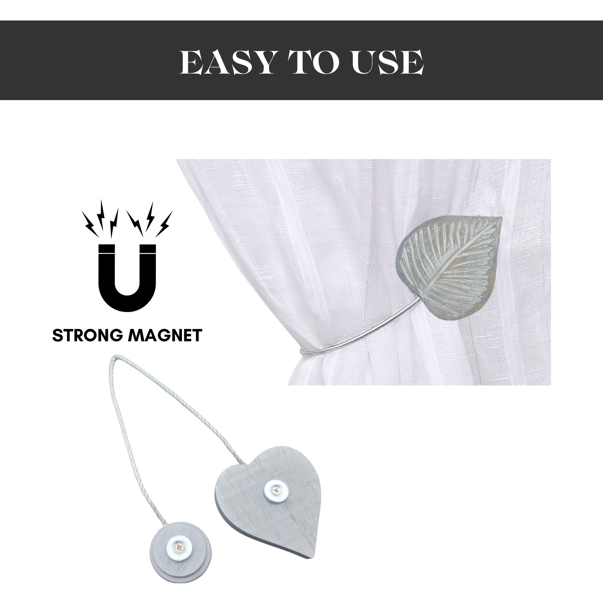 Gray wood magnetic curtain tieback showing strong magnet mechanism