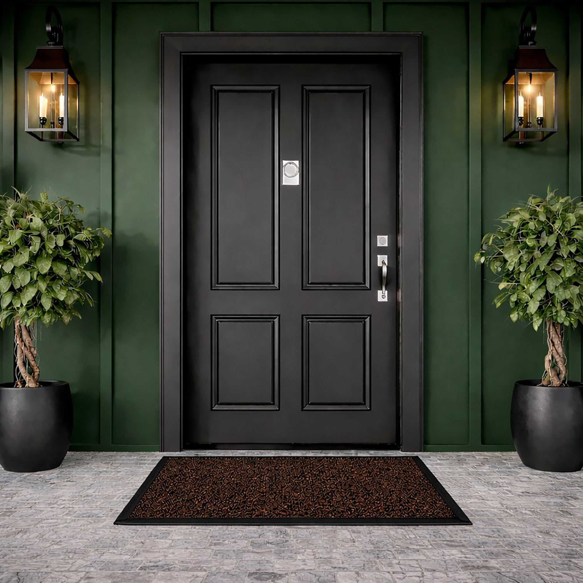 Tan front door mat at modern exterior entryway with black door