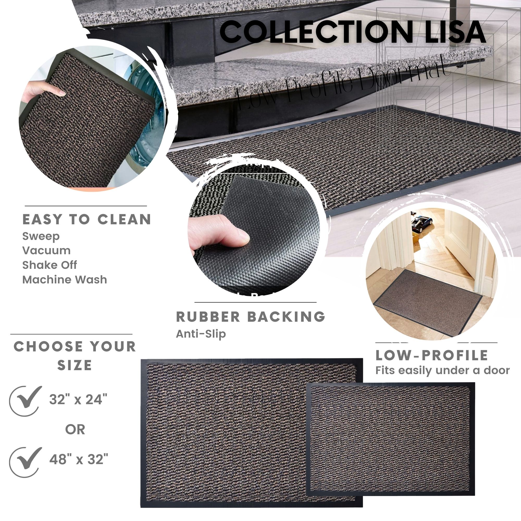 Tan low profile door mat with rubber backing detail and size options