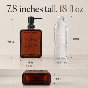 Size chart: amber glass soap dispenser 7.8 in tall, 4 in wide, 2.8 in deep, 18 fl oz capacity