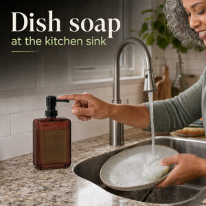 Amber glass dispenser used for dish soap at a kitchen sink