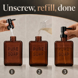 Three steps to refill the amber glass soap dispenser: unscrew the pump, pour, screw back on