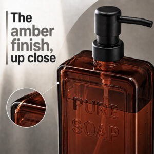 Close-up of the amber glass finish and rounded edges of the Pure Soap dispenser