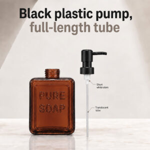 Black plastic pump with full-length translucent tube beside the open amber glass soap bottle