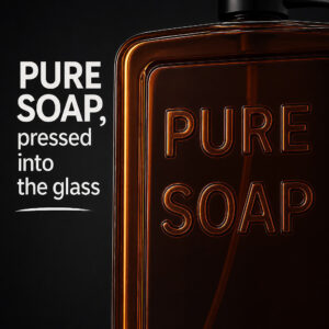 Macro view of the Pure Soap lettering embossed into the amber glass