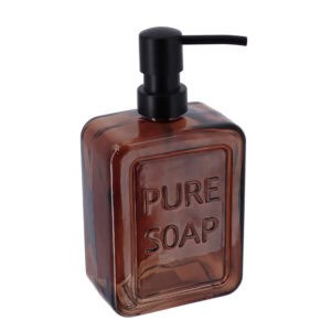 Ambient Amber Glass Soap Dispenser with Pure Soap Embossed Design and Black Pump – An amber glass soap dispenser with "PURE SOAP" embossed on the body, paired with a sleek black pump for a warm, inviting look.