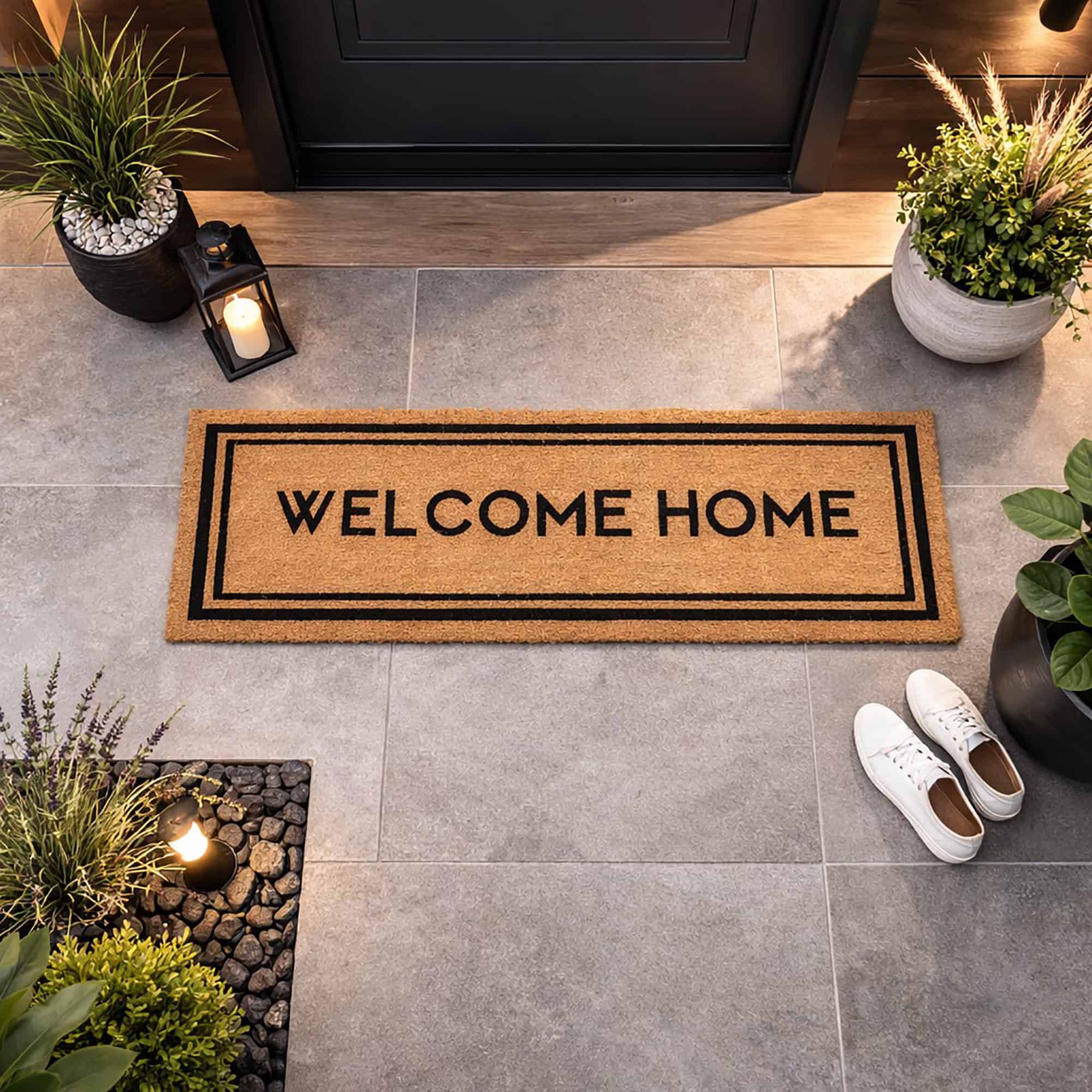 Overhead view of a "Welcome Home" coir doormat with black border at a modern front entrance, surrounded by plants, a lantern, and white sneakers.