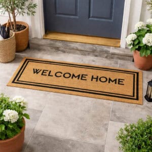 Natural coir doormat reading "Welcome Home" with black double-border design, displayed on a tiled front porch with potted plants and a blue door.