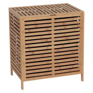 Front view of bamboo laundry hamper with slatted design and compact, rectangular shape.