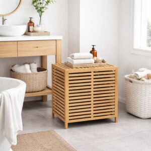 Bamboo slatted laundry hamper closed with towels and soap dispenser on top, in a styled bathroom setting