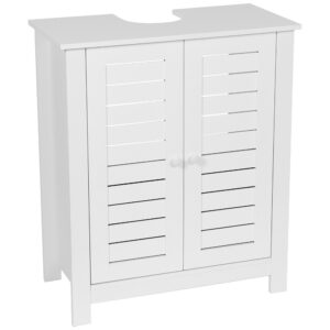 Front View of White Sink Cabinet - A white under-sink bathroom cabinet with dual doors featuring slatted detailing, compact and designed for small spaces, shown from the front.